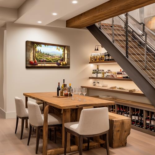 crmotu Vineyard Large Wall Art, Faux Window Canvas Prints of Wine Country, Grape Farms Beyond the Vintage Windowsill, Rustic Dining Room Kitchen Wall Decor, Restaurant Home Bar Decoration 20x40 Inch