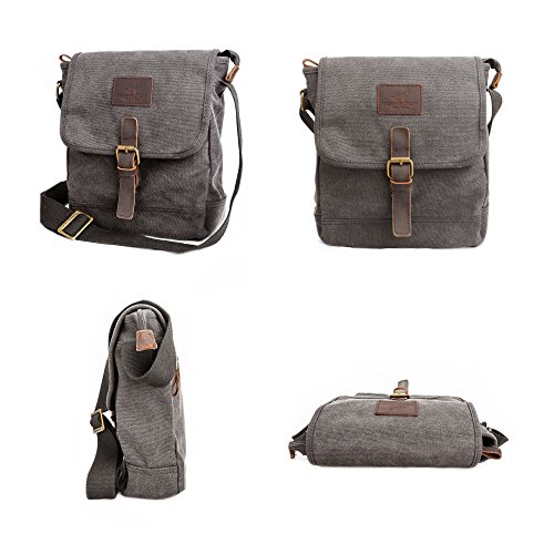 Canvas Messenger Bag TOPWOLF Small Crossbody Bag Casual Travel Working Tools Bag Shoulder Bag Hold Phone Handset Anti Theft (Gray & Leather)