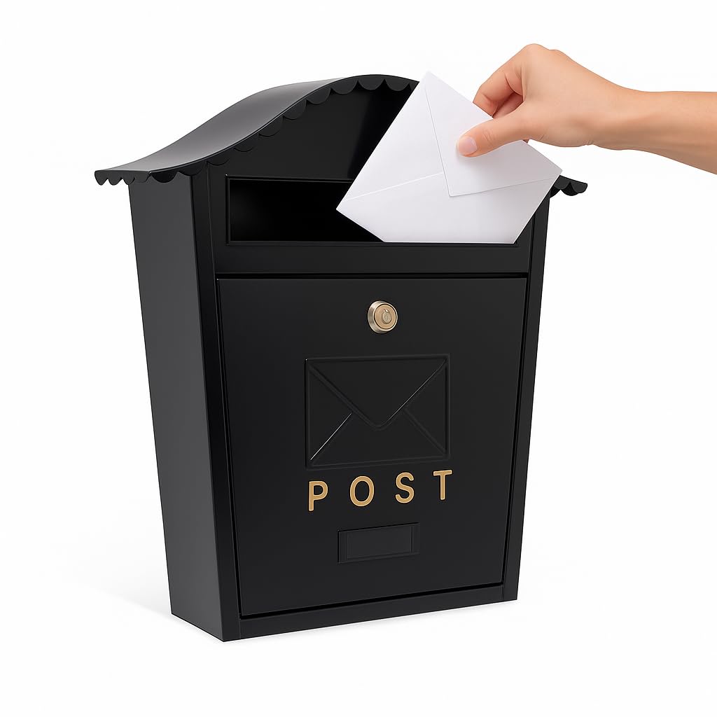 Assorted Collections Black Wall Mounted Post Box Contemporary Design Large Letterbox Lockable 2 Keys Iron Weatherproof Mailbox Easy To Install - 35.5 X 26 X 10 Cms