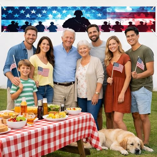 Image of BlissYard Patriotic Banner 118 x 20 inch Veterans Day American Independence Day Decorations Patriotic Banner for Outside American Flag Banner Memorial Day Veterans Day Outdoor Decorations for Yard Fence Porch