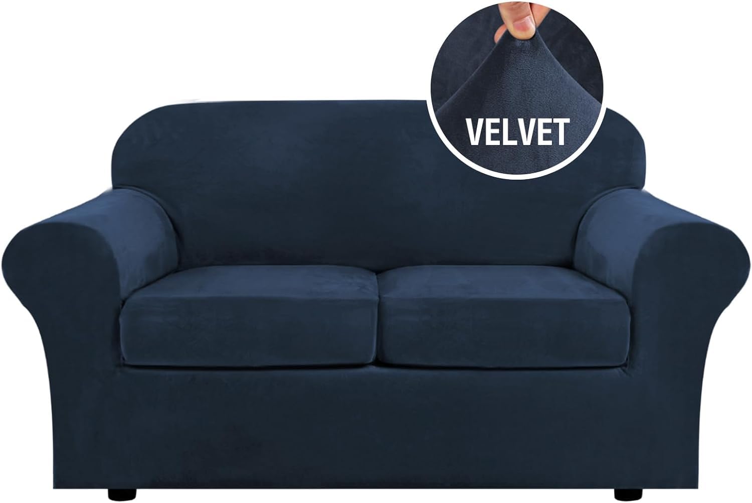 LINGKY Velvet Sofa Covers 2 Seater with 2 Separate Seat Cushion Covers, Stretch Sofa Slipcover Replacement Furniture Protector (Navy,2 Seater(122-172cm))