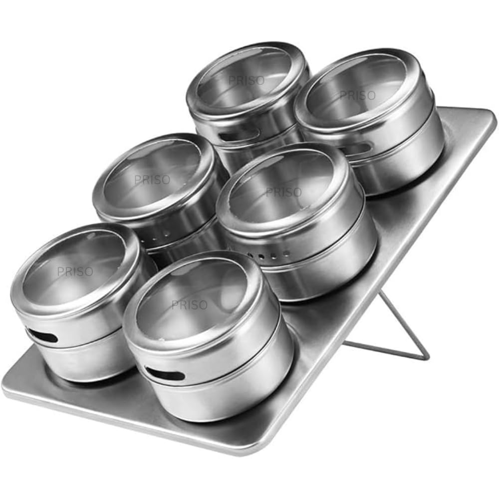 PRISO 6 Pcs Magnetic Stainless Steel Spice Storage Rack Masala Storage Box Spice Storage Jar Tin Container With Adjustable Metal Stand to Organize And Hold Spices.,Multicolor