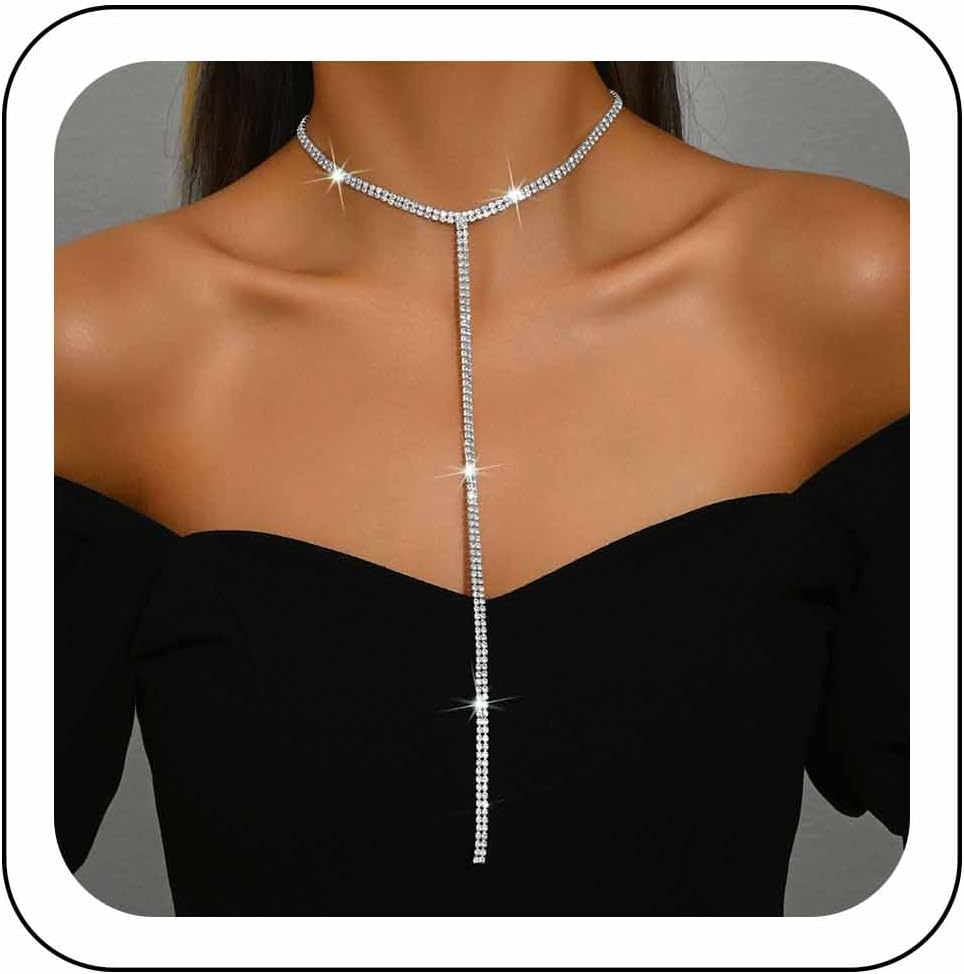 Cubic Zirconia Tennis Necklace Crystal Tennis Chain Lariat Necklace Long 2 Row Rhinestone Chain Tassel Y-Pendant Necklace Layered Tennis Choker Necklace Party Prom Jewelry for Women
