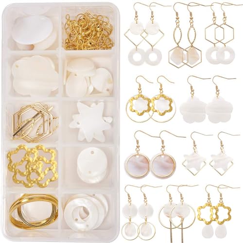 SUNNYCLUE 1 Box DIY 10 Pairs Shell Geometric Dangle Earring Jewelry Making Kit with Instruction Flower Star Flat Round Shell Pendants Brass Linking Rings Earring Hooks Jewelry Making Supplies Craft