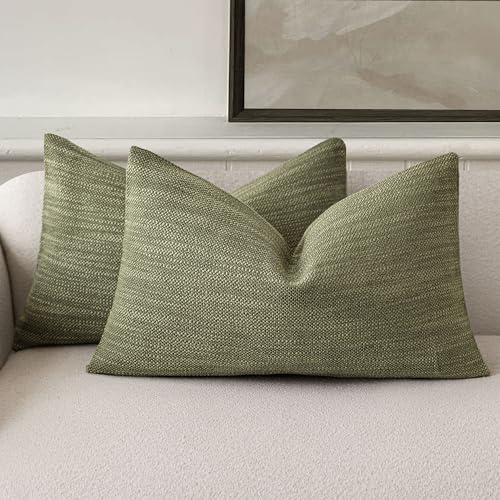 Image of Foindtower Set of 2 Decorative Textured Burlap Linen Throw Pillow Covers Farmhouse Boho Lumbar Cushion Cover Solid Accent Pillowcase for Couch Sofa Bed Living Room Home Decor,12x20 Inch,Olive Green
