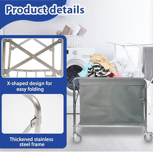 Suuiwau Laundry basket with wheels Stainless steel Laundry trolley Commercial laundry organiser Folding Laundry basket on wheels with a load capacity of 100 kg for home, hotel, 87 x 52 x 78 cm - Image 4