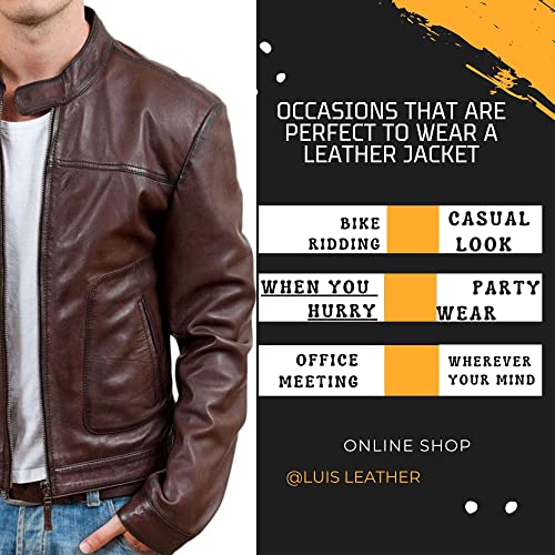 Image of Men Biker Retro Brown Leather Motorcycle Jacket Genuine Leather Jacket