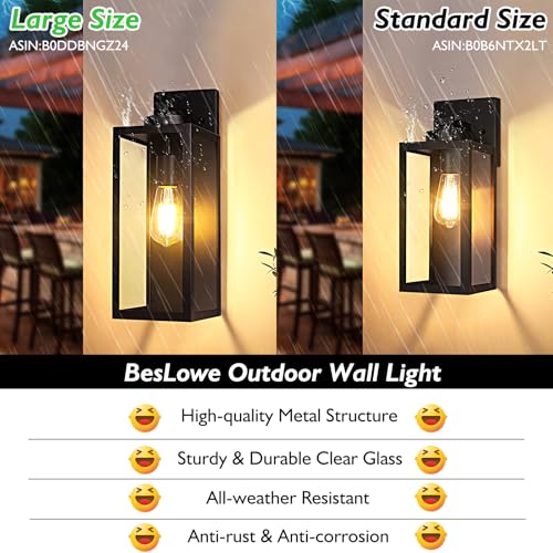 Image of BesLowe 15 inch Large Outdoor Wall Light Fixture, Exterior Porch Sconce, Black | Waterproof, Rust-Resistant, Durable Metal with Clear Glass, Standard E26 Socket, Easy to Install