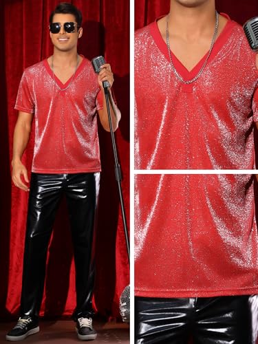 Lars Amadeus Glitter T-Shirt for Men's Shiny Short Sleeve Disco See Through V-Neck Metallic T-Shirts4