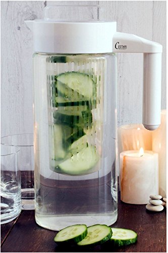 Premium Glass Water Pitcher with Fruit Infuser | BPA Free Borosilcate Glass Infuser Pitcher with Lid | Enjoy Infusing Hot + Cold Tea, Coffee, Water, Juice, Vodka, Tequila - White 44 oz - Cestari.