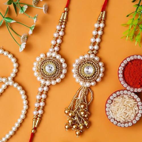 Image of eCraftIndia Designer Bhaiya Bhabhi Rakhis with Roli Chawal Pack and Raksha Bandhan Greeting Card - Rakhi for Brother, Bhaiya, Bhai