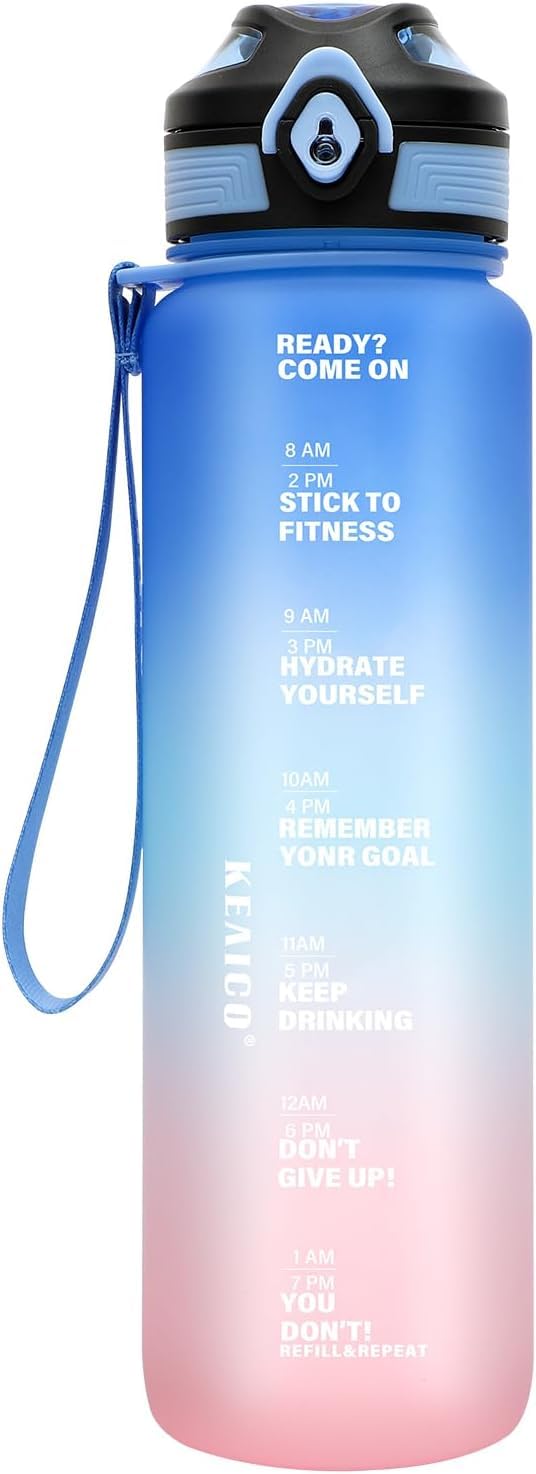 Water bottle 1L with straw Leakproof BPA Free Tritan Time Marking Gym Sports Yoga Cycling Running Drinking Bottle 1 Litre (Mediterranean Blue)