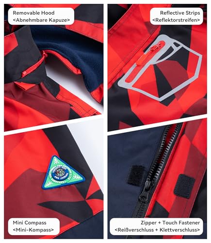 LAUSONS Kinder Gefütterte Regenjacke Jungen Camouflage Wasserdicht Jacke Leichte Übergangsjacke mit Abziehbar Kapuze Rot Camo DE: 134-140 (Herstellergröße 140)