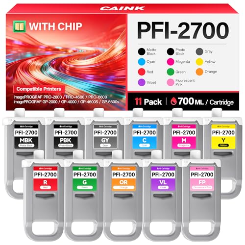 Image of PFI-2700 Ink Tank 11-Pack 700-ml with chip High Capacity Replacement for Canon PFI2700 PFI-2700 Compatible with Canon ImagePROGRAF PRO-2600 PRO-4600 PRO-6600 GP-2000 GP-4000 GP-4600S GP-6600s Printer