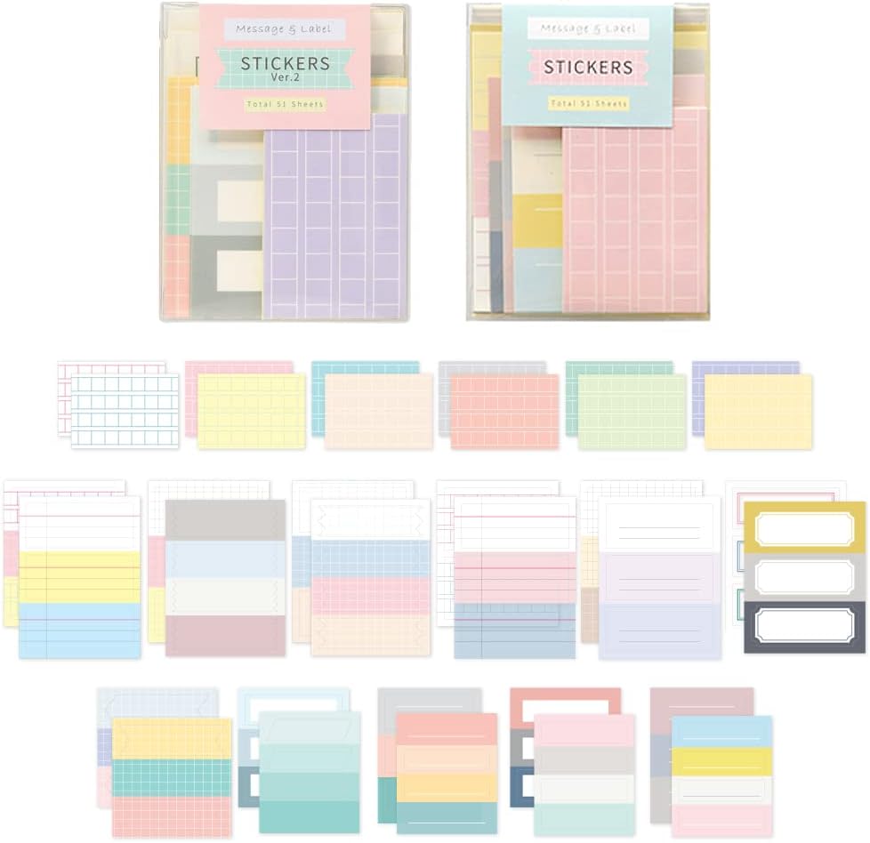 Message & Label Sticker ver.1 + ver.2 Set - Mini Size Cute Stickers, Index Stickers, 102 Sheets.