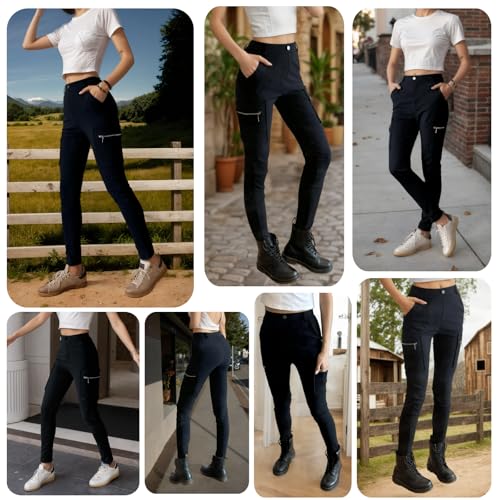 Nuofengkudu Slim Fit Damen Cargohose Zip Taschen High Waist Leggings Stretch Figurbetont Arbeitshose Pull On Tapered Hose Skinny Combat Cargo Pants Belt Loops Gothic Streetwear Alltag Schwarz M