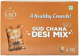 SAO Foods Gud Chana Desi Mix – 14.1 oz | Pack of 10 Small Packs | Jaggery-Coated Chickpeas | Healthy Indian Snack