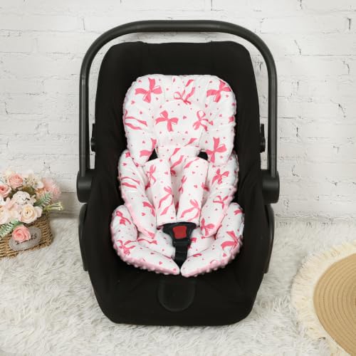 Image of Infant Car Seat Insert with 2 Strap Pads, Super Soft Carseat Head and Body Support for Baby Boys and Girls, Reversible Newborn Car Seat Insert Cushion for Strollers, Bouncers, Swing, Pink Bow