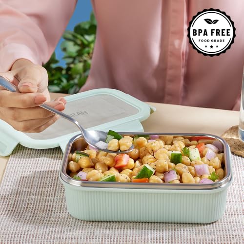 Image of Larah by BOROSIL Freshbyte Food Storage Container with Airtight Stainless Steel Lid | Fridge Container for Lunchbox | Food Grade | Microwave Safe (Green, 600 ml, Rectangular)