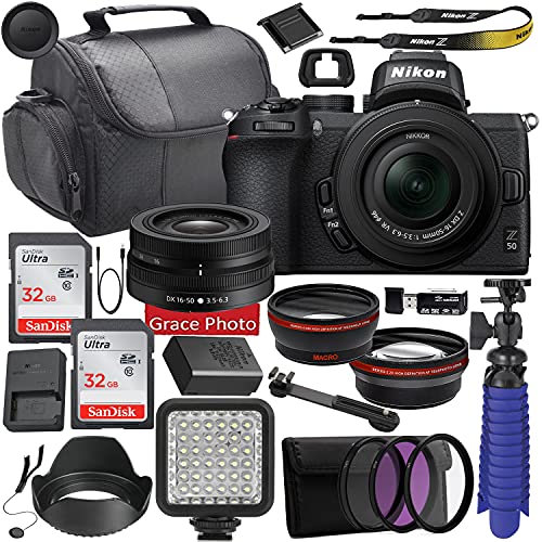 Grace Photo Nikon Intl, Nikon Z50 Mirrorless Digital Camera with 16-50mm Lens Bundle + Bundled Accessories Including LED Video Light, Auxiliary Lenses, Camera Case, Memory Cards, Filters & More