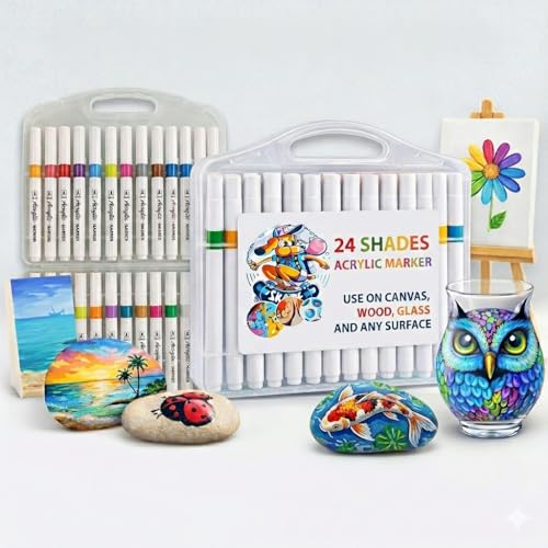 Image of Professional Acrylic Paint Markers Set, 24 Vibrant Colours, Brush Tip, Water-Based, Non-Toxic, for Rock Painting, Canvas, Glass, Wood, School Projects, with Portable Storage Case