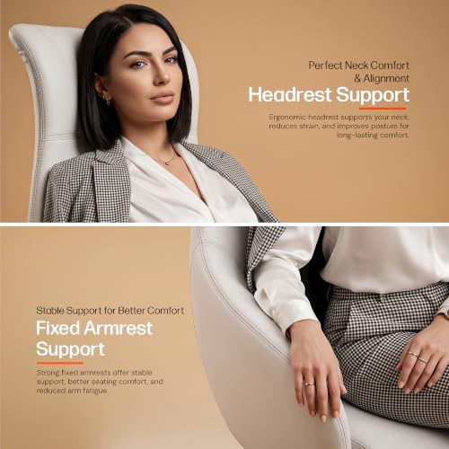 Image of DROGO Calista Ergonomic Office Chair for Work & Home with Premium Vegan Leather | Executive Boss Chair with 5 Cm Seat Depth Adjustment | 3-Point Tilt Recline Lock | Heavy Duty Metal Base (Beige)