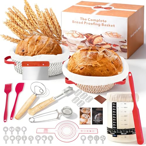 Image of Sourdough Starter Kit, 9" Round and 10" Oval Banneton Bread Baking Supplies, Bread Making Tools Kit, Sourdough Proofing Basket, Sourdough Kit Gifts for Bakers Women Wife Mom