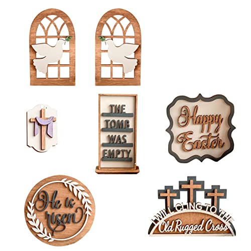 1 lot de plateaux de Pâques décoratifs à étages en bois pour table de Pâques avec inscription « He Is Risen » - Crucifix décoratif de table rustique à étages pour cuisine de ferme, kaki, Taille Unique