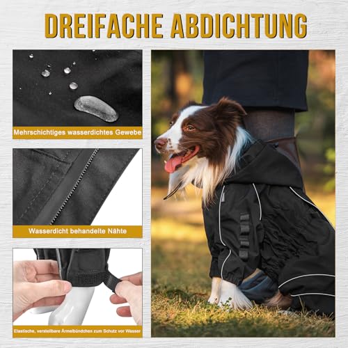 OneTigris Regenmantel Hund, RIDERSTORM Regenjacke wasserdichte Kältebeständig mit Abnehmbarer Kapuze Reflektierender Verstellbarer Hunderegenjacke Maschinenwaschbar Schwarz M