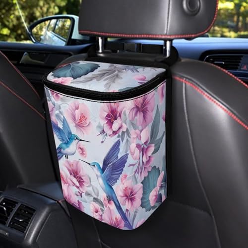 Image of Hanging Hummingbird Car Trash Can Bin with LidFloral Hummingbird Vehicle Garbage Can Leak Proof Hanging Car Rubbish Bags Automotive Organizer Accessory for Back Front Seat