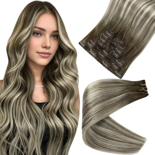 Image of Full Shine Human Hair Extensions Clip ins, Balayage Cool Brown Ombre Blonde | Seamless Ultra-Thin Weft, Long Straight Hair for Women, Heat Styling, Adds Length & Volume, Natural Blend, 22 Inch 8 Pcs 120g