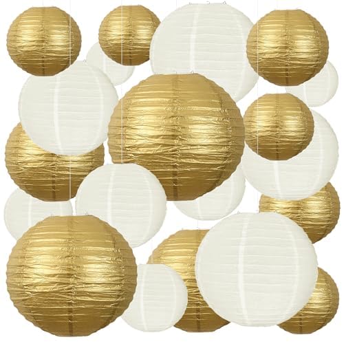 20Pcs Paper Lanterns Decorative, Gold and Ivory Round Hanging Paper Lanterns Decorations for Rustic Party Bridal Shower Wedding Birthday Party Supplies — image 1