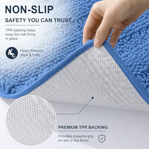 Image of Smiry Thick Chenille Bathroom Runner Rugs 44x24, Extra Absorbent Striped Bath Mat, Machine Washable, Rubber Backing, Long Bath Rugs for Tub & Shower, Modern Home Decor Accessories, Cornflower Blue