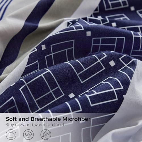 Tokokimo King Size Duvet Cover Sets 4 Piece Dark Blue Bedding Set with Fitted Sheet - Soft Microfiber King Size Bedding (1x Duvet Cover, 2x Pillowcases, 1x 40cm Deep Fitted Sheet) Dark Blue Stripe - Image 8