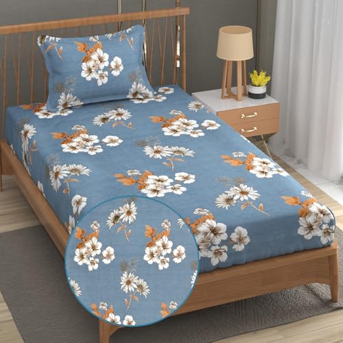 Image of FRESH FROM LOOM Floral Print Single Bed Bedsheet Set - Microfiber, 240 TC, Hypoallergenic, Includes 1 Pillow Covers (60 x 90 inch| Denim, Floral Design, Multicolor)