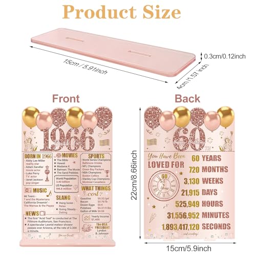 Image of Guiruiy Pink Rose Gold 60th Birthday Decorations for Women, Two-Sided Vintage 60 Back in 1966 Theme Poster Acrylic Table Sign with Stand, Sixty Years Old Bday Centerpieces Holder for Table Decor