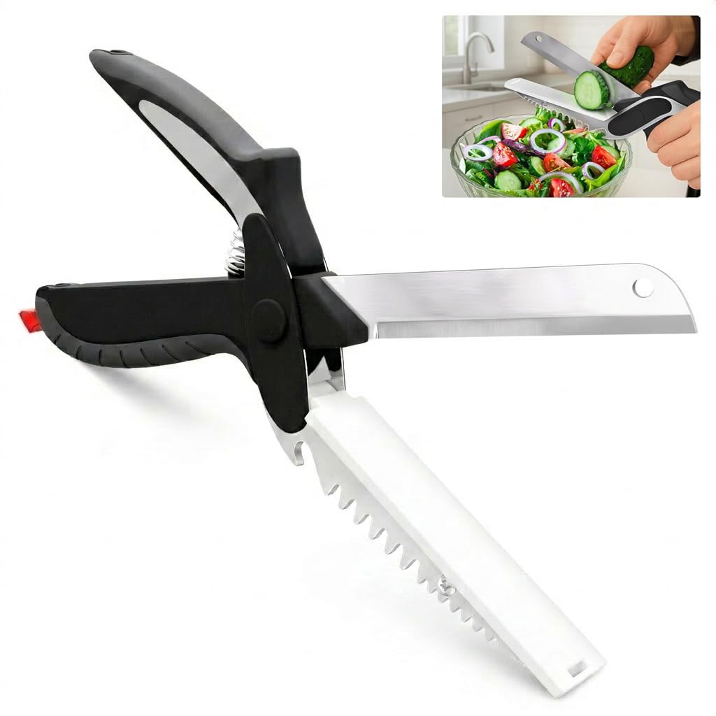 6-in-1 Cutting Board Scissors – Heavy Duty & Dishwasher-Safe Kitchen Shears with Ribbed No-Slip Blade, Spring-Assist, & Safety Lock – Meat, Fruits,