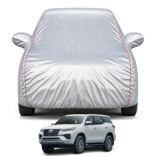 Image of Premium Car Cover for Toyota Fortuner with Fender Mirror Model | Waterproof, UV & Dust Protection | Mirror & Antenna Pocket | Triple Stitched, Soft Inner Lining, Belt & Buckle (Metalic Silver)