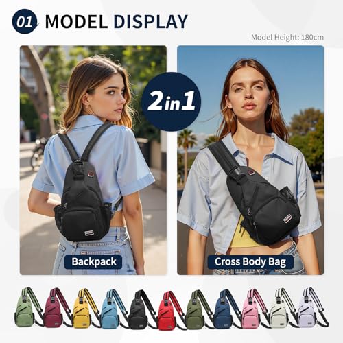 Image of Convertible Sling Bags for Women Men, Lightweight Crossbody Backpack Daypack Fit for 7.9 inch Tablet for Casual Travel Sport Hiking (Black)