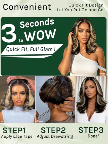 Image of KLAIYI Bye Bye Slip Ombre Ash Blonde Highlight Bob Body Wave Glueless Precut 7X5Lace Front Wigs Human Hair Layer Blowout Drawstring Ready to Wear Go Wig Face Framing Pre Plucked Bleached Knots 12Inch