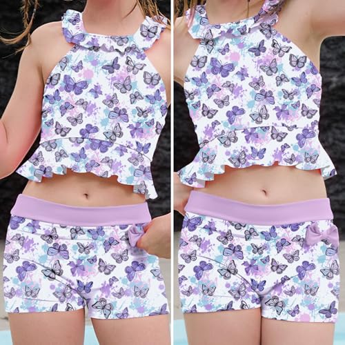Image of CHILDRENSTAR Little Girls Tankini Swimsuit 2 Pieces Bathing Suit for Kids | Quick-Dry Cross-Back Adjustable Ruffles with Bow Decor Swimming Tankini and Short For Beach and Pool
