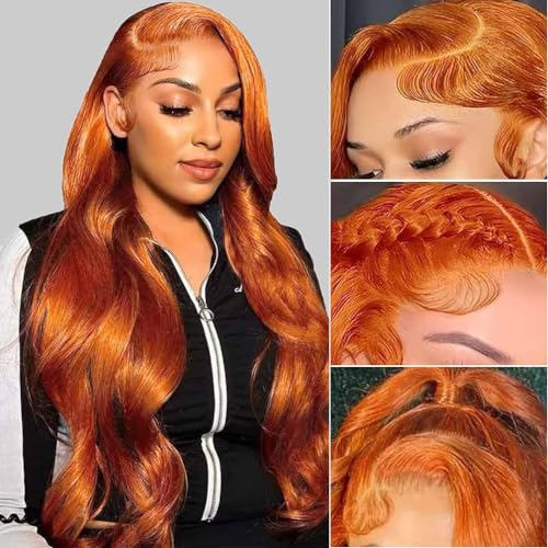 Image of 13X4 Orange Ginger Lace Front Wigs Human Hair Pre Plucked Body Wave Brazilian Colored Human Hair Wigs for Black Women Invisible HD Lace Frontal Wigs Human Hair 180% Density (32 Inch)
