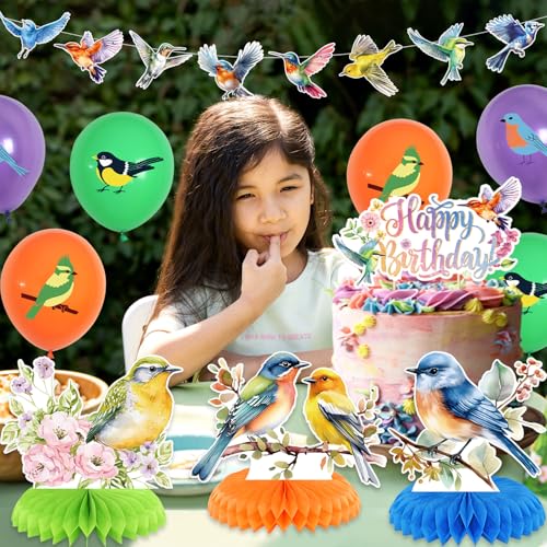 Image of Bird Party Decorations, Includes Happy Birthday Banner, Cake Toppers, Bird Stickers, Balloons, Honeycomb Centerpieces, for Bird Theme Baby Shower Summer Tea Party Supplies