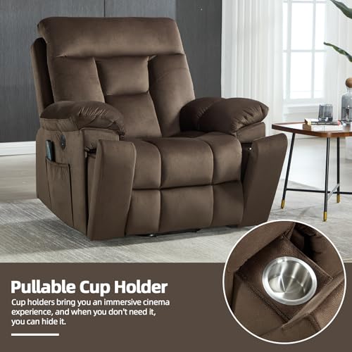 Image of CANMOV Large Power Lift Recliner Chair with Massage and Heat for Elderly Big and Tall People, Overstuffed Wide Recliners with 2 Cup Holders, Side Pocket and USB Port, Dark Brown