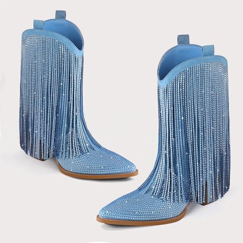 Image of Cowboy Boots for Women - Cowgirl Western Rhinestone Sparkly Fringe Chunky Heel Pointed Toe Mid Calf Boots