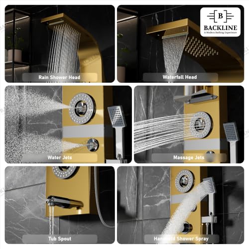 Image of Backline shower panel | 7 In 1 Shower System 304 Grade Stainless Steel | Shower With Storage Shelf, LED Rainfall Shower,Hot & Cold Adjustable,Massage Spray,Hand Shower & Water Spout