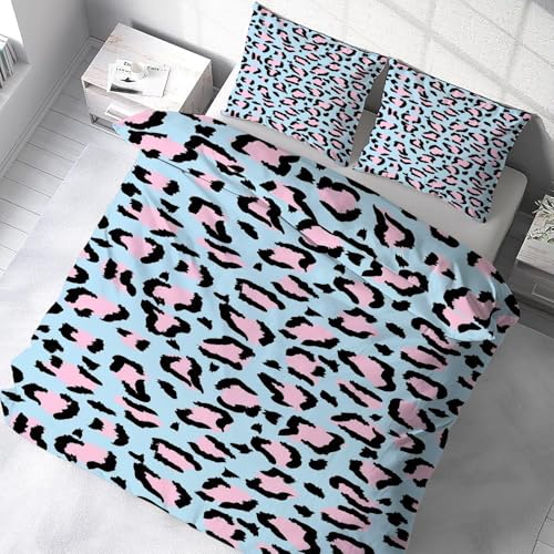 Housse de couette 160x200 bleu imprimé léopard avec 2 taies d'oreiller