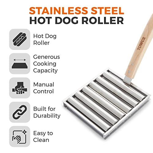 Tower BBQ Hot Dog Roller mit Holz Stay Cool Griff Robuste Konstruktion Edelstahl 2
