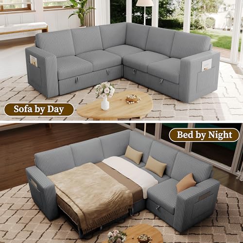 Image of 83.5 inch Corduroy Sectional Sleeper Sofa, Pull Out Couch with Storage, Gray | 5 Seat Comfy Couches for Living Room, Apartments, or Guest Spaces; Sectionals Modular Sofa Design, Comfortable Seating.