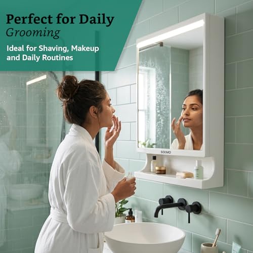 Image of Amazon Brand - Solimo SmartLook Wall Mounted Storage Cabinet with Mirror, Toothbrush Holder with Multi-Compartment Storage, Wall Mounted Plastic Organizer for Toothbrush,& Bathroom Essentials, White